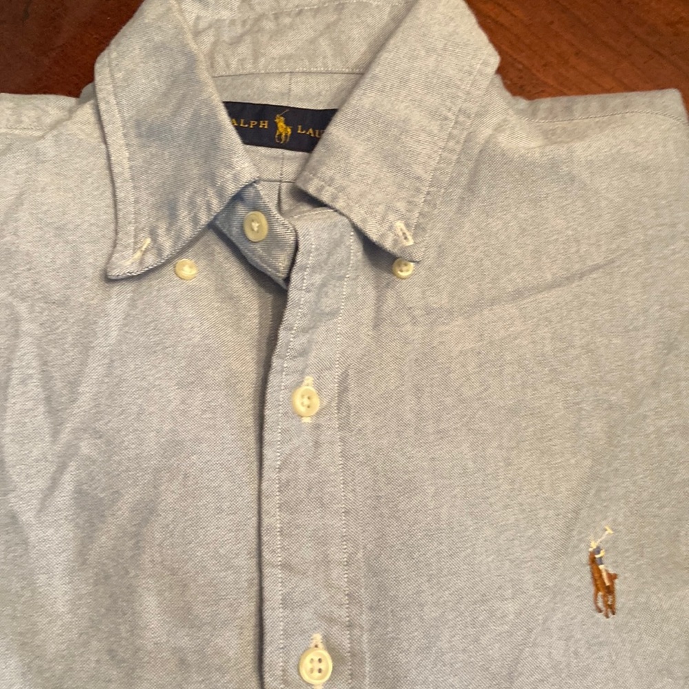 Polo, men’s medium, chambray, long-sleeve button down shirt.